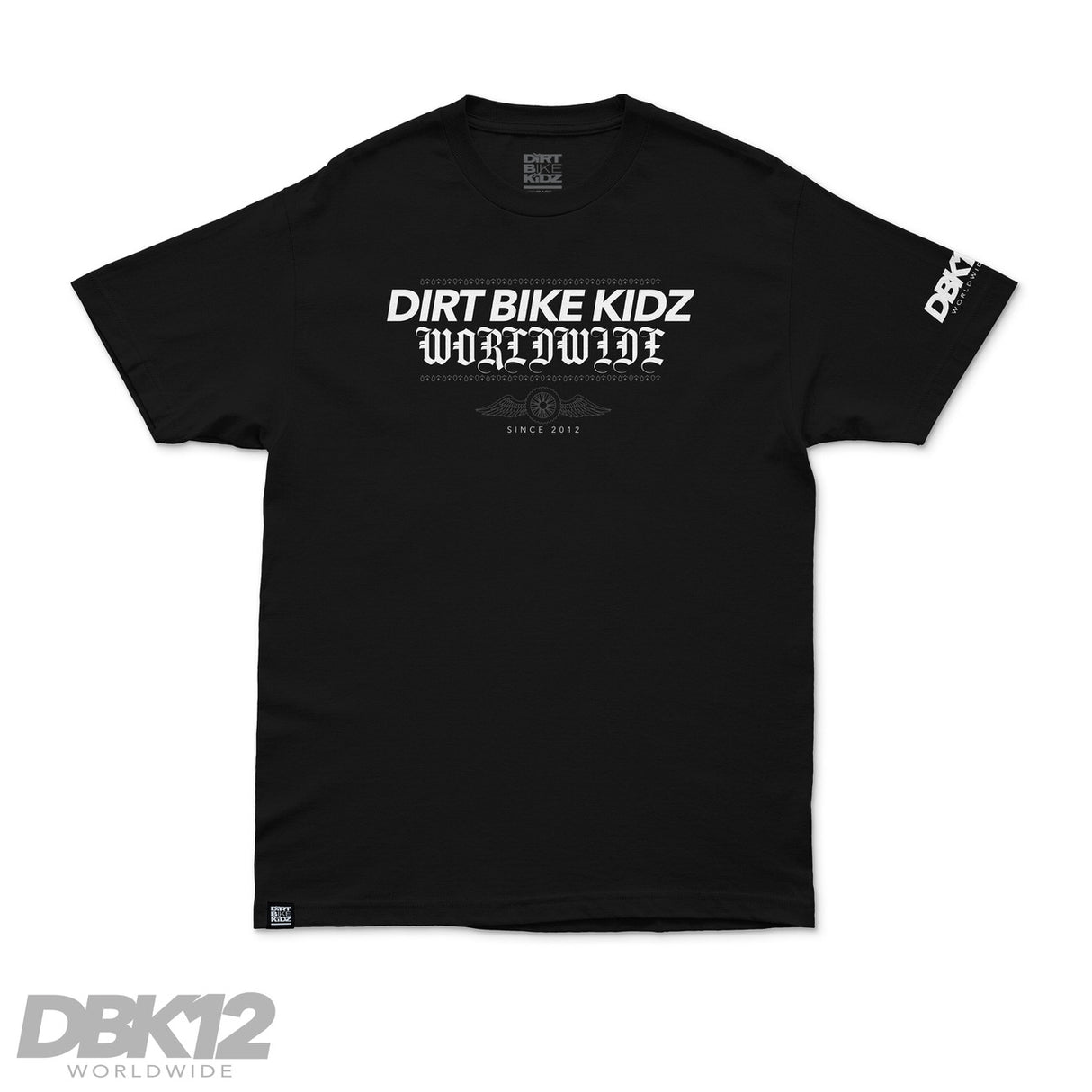 Black crewneck T-shirt with large front graphic and DBK12 sleeve patch