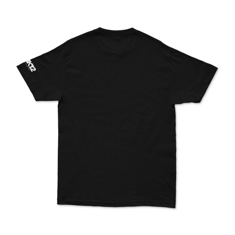 Black crewneck T-shirt back view with small DBK12 label on left sleeve