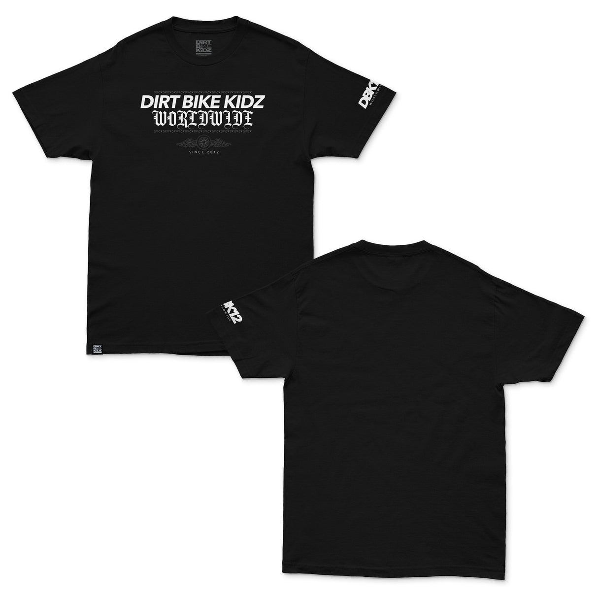 Black crewneck T-shirt with front and back views; DBK12 sleeve patch