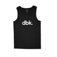 Black tank top front with scoop neck and large dbk. logo on chest