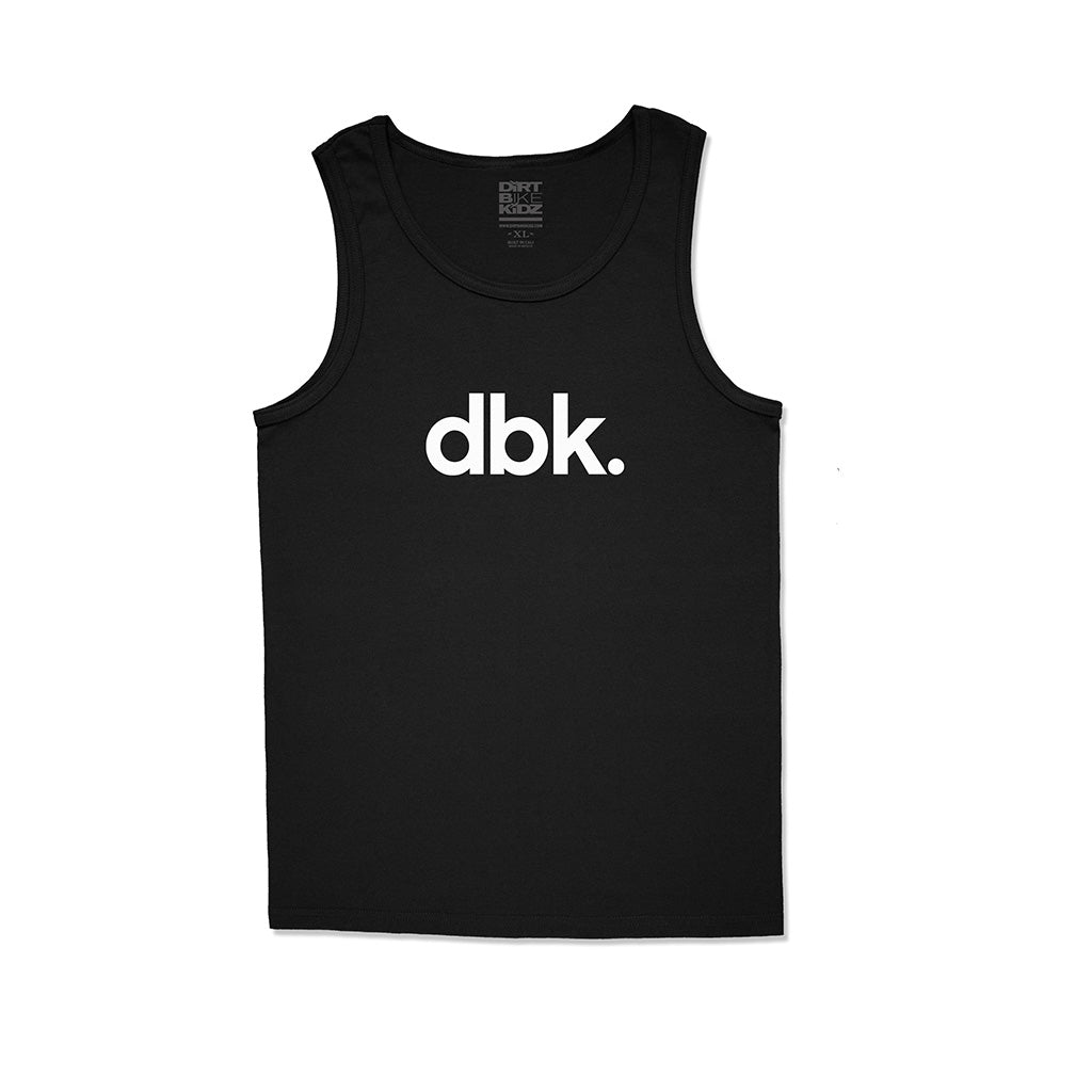 Black tank top front with scoop neck and large dbk. logo on chest