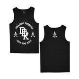Black sleeveless tank top with front graphic print on left and small chest emblem