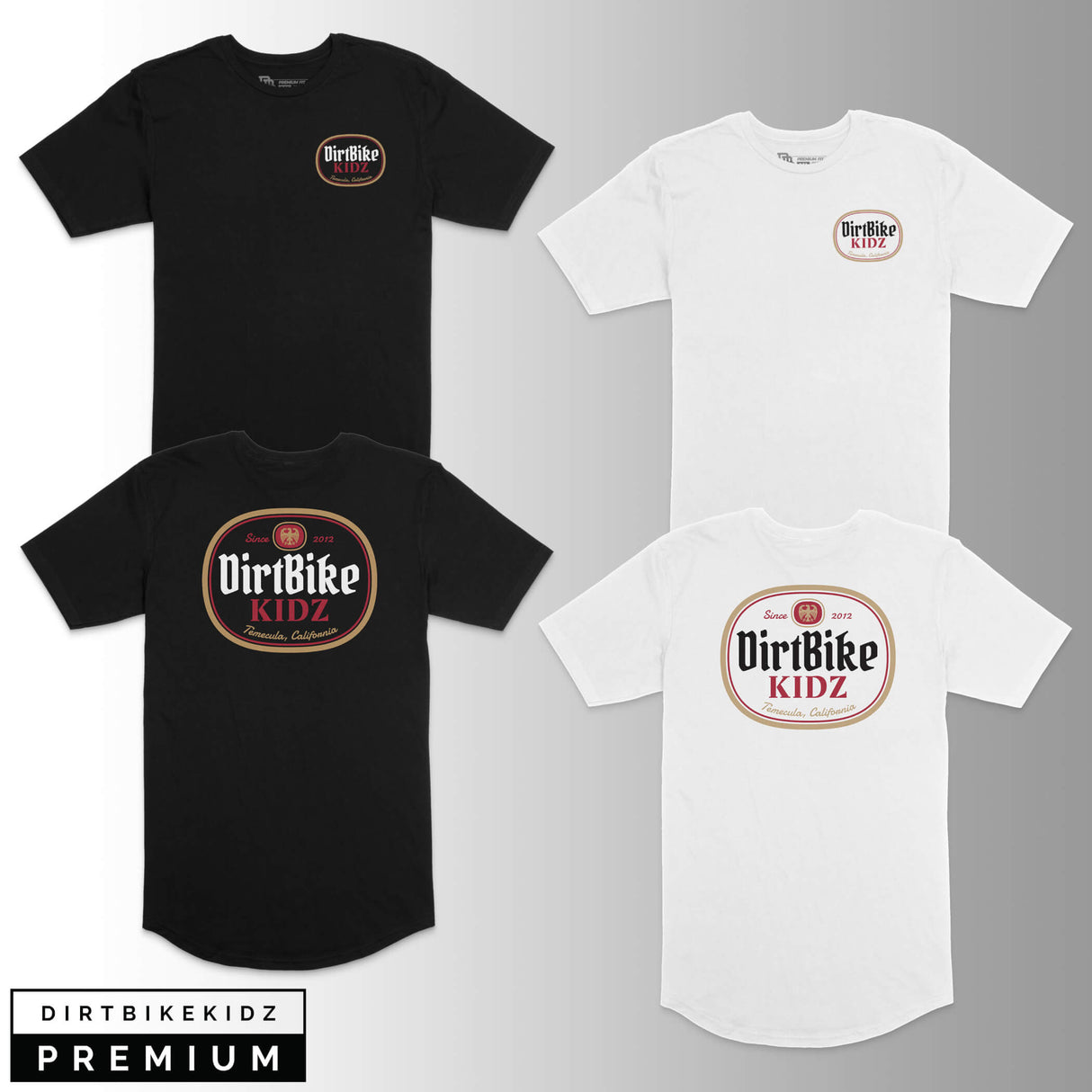 Premium tall tee, black, with DirtBike KIDZ oval chest logo graphic