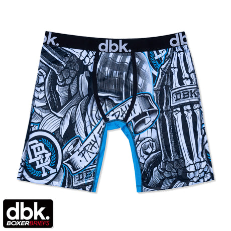 DBK boxer briefs in black and white with blue waistband and panels, graphic print