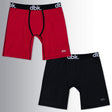 2-pack boxer briefs: red and black shorts with contoured pouch, elastic waistband, dbk logo.