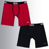 2-pack boxer briefs: red and black shorts with contoured pouch, elastic waistband, dbk logo.