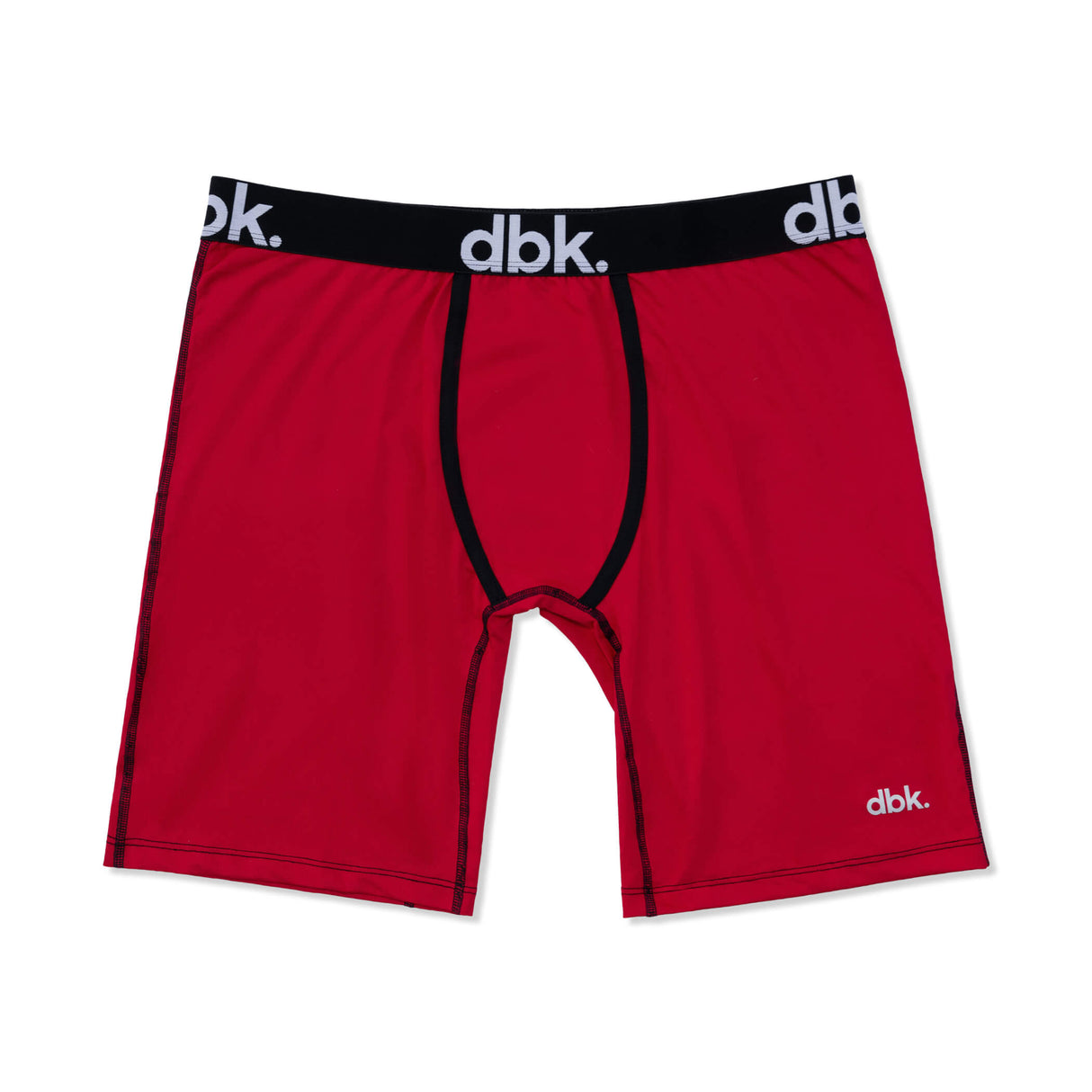 Men's red boxer briefs with black-trim waistband and contoured pouch