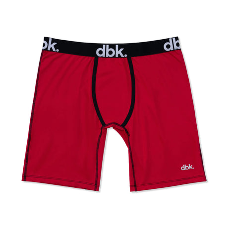 Red boxer briefs with black elastic waistband and front pouch opening