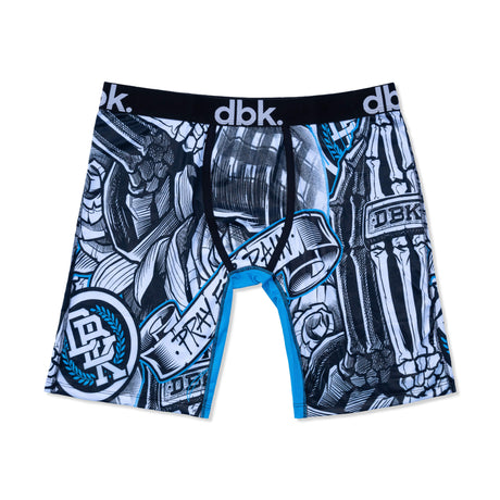 Black and white patterned DBK boxer briefs with blue contrast trim at leg openings