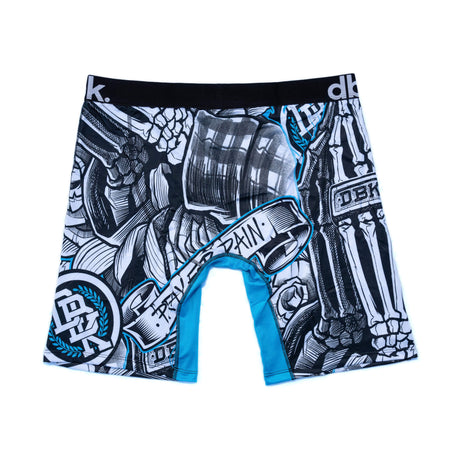 Front view boxer briefs with bold black/white street-style print and blue contrast pouch