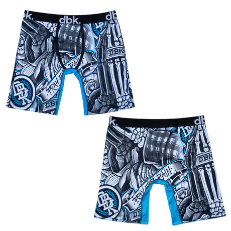 Two boxer briefs shown flat: black/white graphic print with blue contrast trim