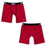 Red boxer briefs with black trim and contoured pouch, elastic waistband, dbk logo.