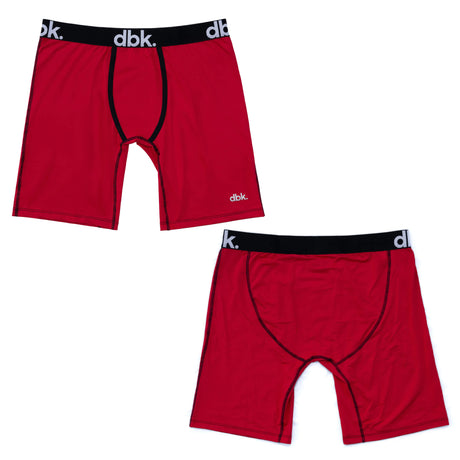 Red DBK boxer briefs with black waistband and open fly pouch panel