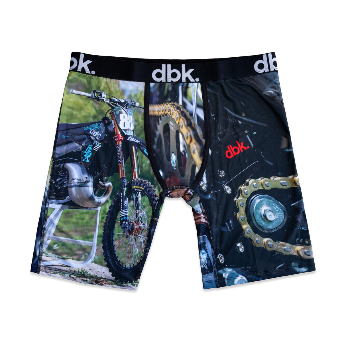 Boxer briefs with black bike graphic print and elastic waistband with dbk logo.