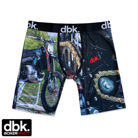 DBK boxer briefs with black base and motocross bike graphic print, elastic waistband