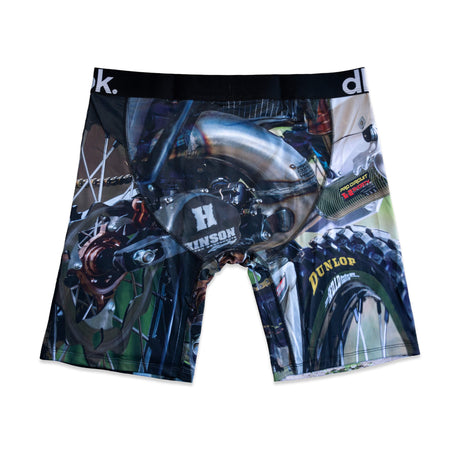 Black DBK boxer briefs with motocross engine and wheel graphic print, elastic waistband