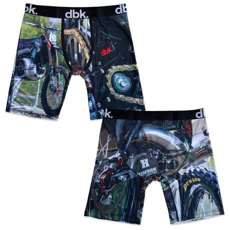 Two-pack DBK boxer briefs set: one bike-and-chain print, one engine-and-tire print