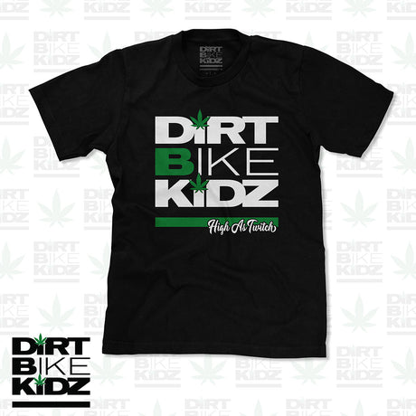 Black kids graphic T-shirt showing "Dirt Bike Kidz" logo and "High As Truth" script