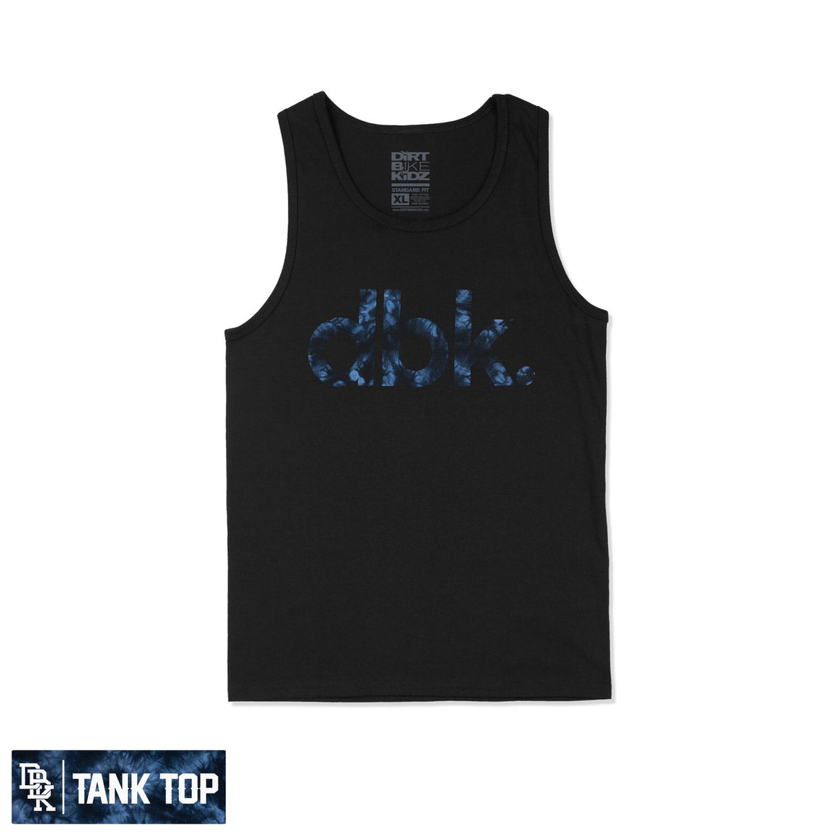 Basic Woodie tank top, black sleeveless shirt with blue distressed “dirt bike” graphic