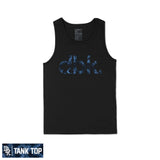 Basic Woodie tank top, black sleeveless shirt with blue distressed “dirt bike” graphic