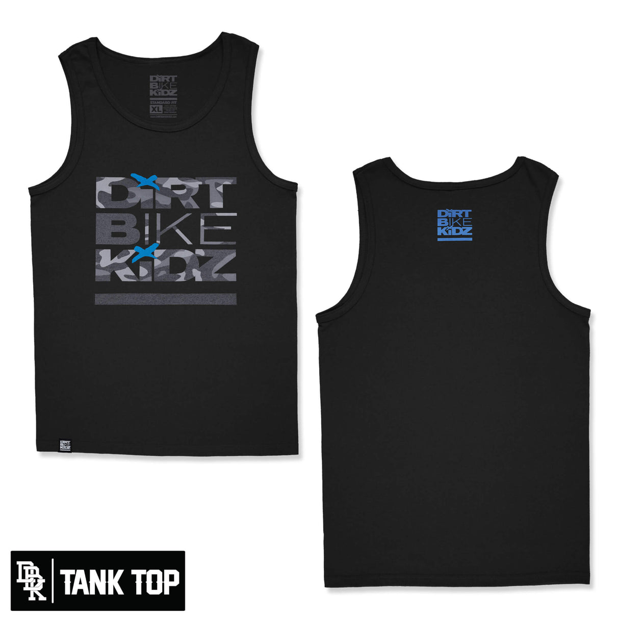 Black kids tank top with front camo-style graphic and blue motocross accents.
