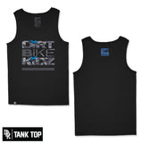 Black kids tank top with front camo-style graphic and blue motocross accents.
