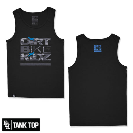 Black kids tank top with front camo-style graphic and blue motocross accents.
