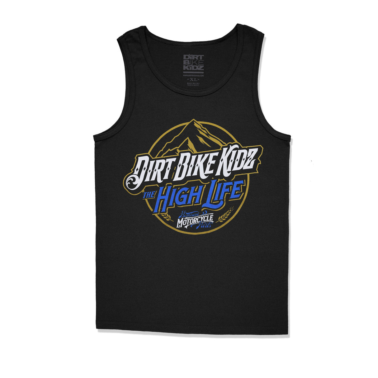 Black sleeveless tank top with 'Dirt Bike Kidz' 'High Life' graphic on chest