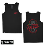 Kids black tank top with red small chest graphic and round crew neckline