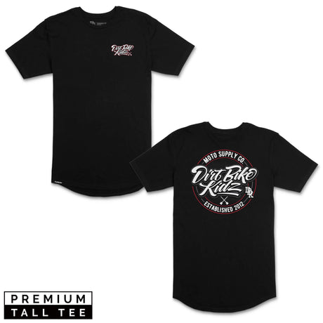 Black tall tee with small chest logo and crew neck