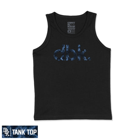 Youth black tank top with sleeveless crew neck and blue “DBK” graphic on front