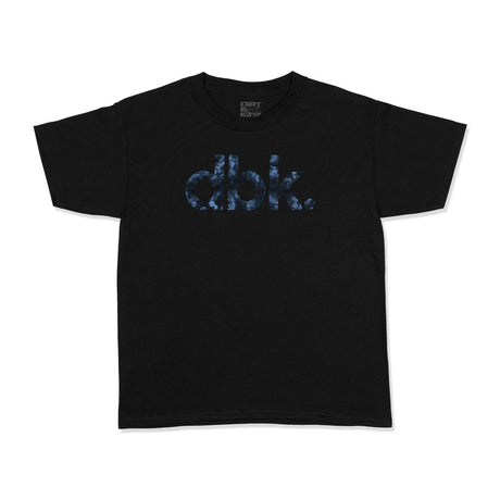 Youth black crewneck T-shirt with blue tie-dye graphic logo on front