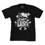 Black crewneck T-shirt with large white crossbones skull graphic centered