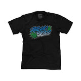 Black short-sleeve T-shirt with centered blue and green logo graphic on front