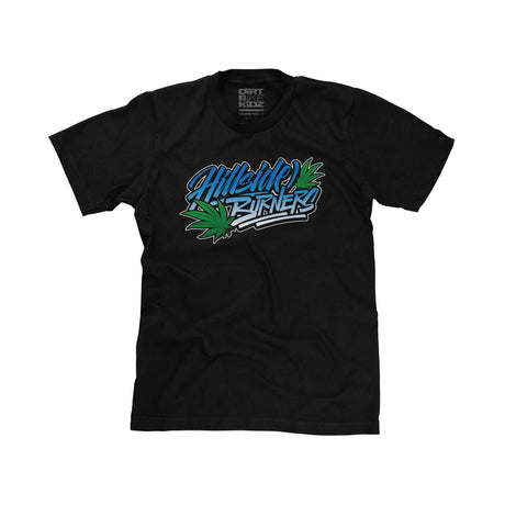 Black short-sleeve T-shirt with centered blue and green logo graphic on front