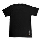Black graphic T-shirt back view with small white sleeve-side flame logo