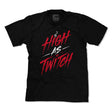 Black graphic T-shirt front view with red and white “High As Twitch” style print