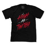 Black graphic T-shirt front view with red and white “High As Twitch” style print
