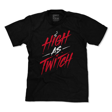 Black graphic T-shirt front view with red and white “High As Twitch” style print