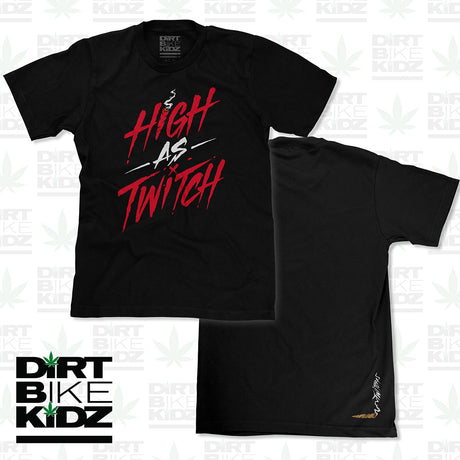 Black graphic T-shirt with red and white “High As Twitch” style print on chest