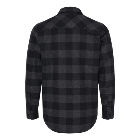 Charcoal plaid flannel button-up shirt back view with buttoned cuffs