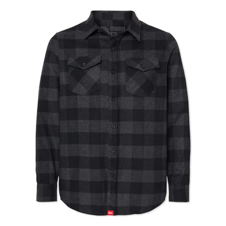 Charcoal plaid flannel button-up shirt with two chest flap pockets