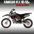 Motorcycle graphics kit on dirt bike with black fairings, gray accents, and red decals
