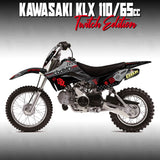 Motorcycle graphics kit on dirt bike with black fairings, gray accents, and red decals