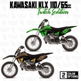 Kawasaki KLX 110 dirt bike with green and black Twitch Edition graphics and decals
