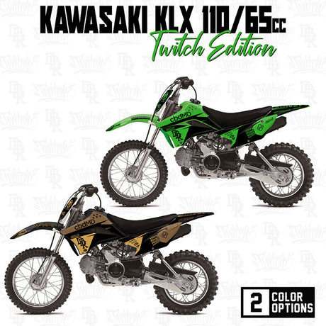 Kawasaki KLX 110 Twitch Edition graphics kit, green/black side panels and tank decals