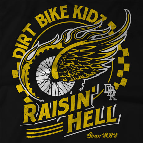 Black hoodie front graphic with yellow wheel art and “Raisin' Hell” text