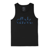 Basic Woodie tank top, black sleeveless crew neck with blue distressed “dirt bike” logo