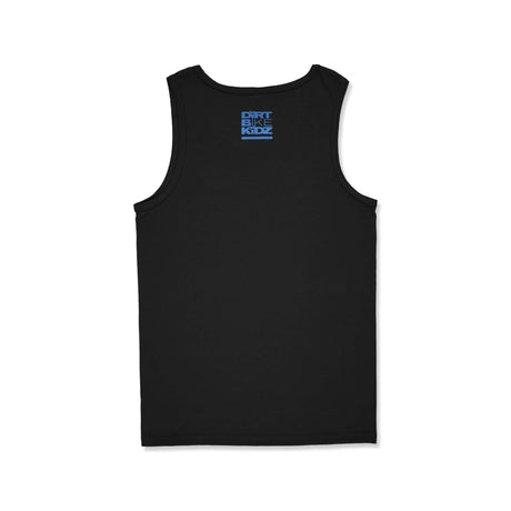 Black kids tank top back view with small blue Dirt Bike Kidz logo.