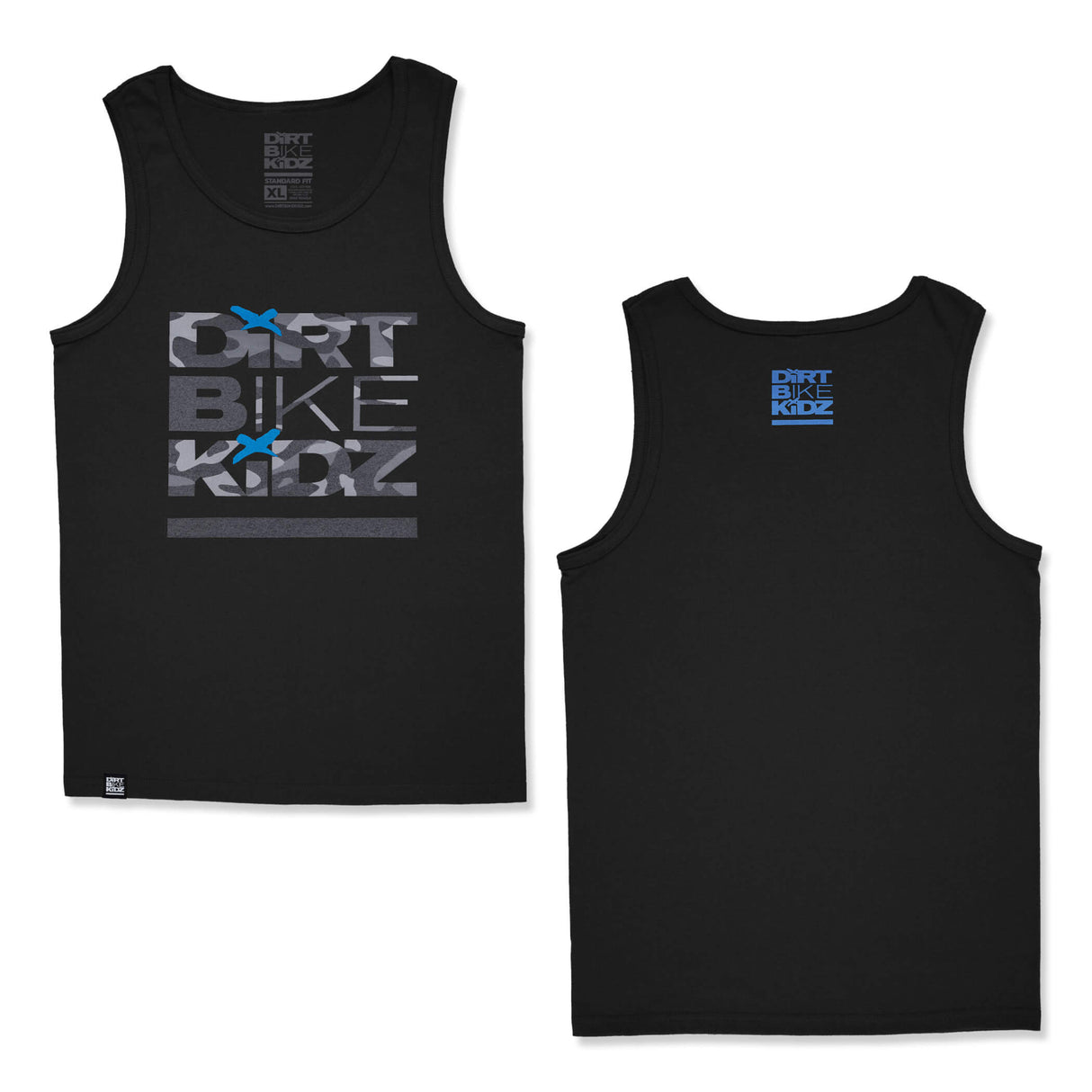 Black kids tank top set showing front graphic and back logo.